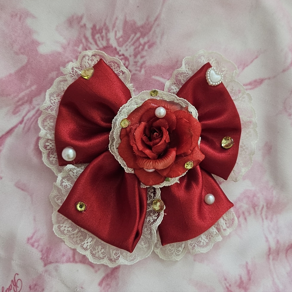 La Pafait Gyaru Lolita Red And White Rhinestone Bow With Lace Trim